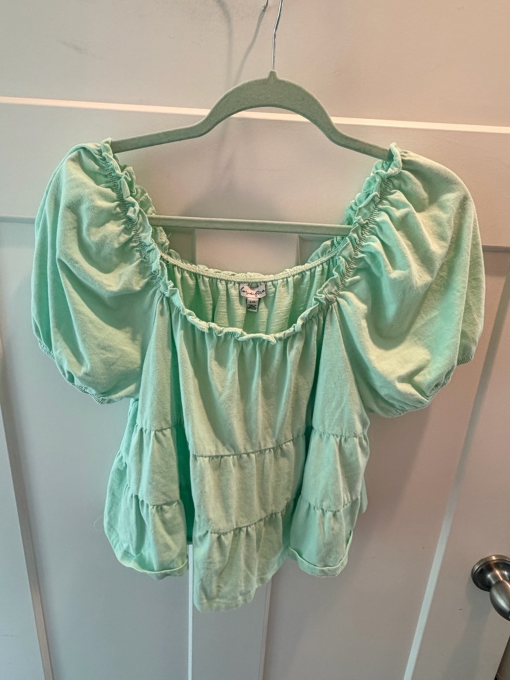 Love Fire Mint Green Puff Sleeve Peplum Top Women’s Large Smocked Cottagecore